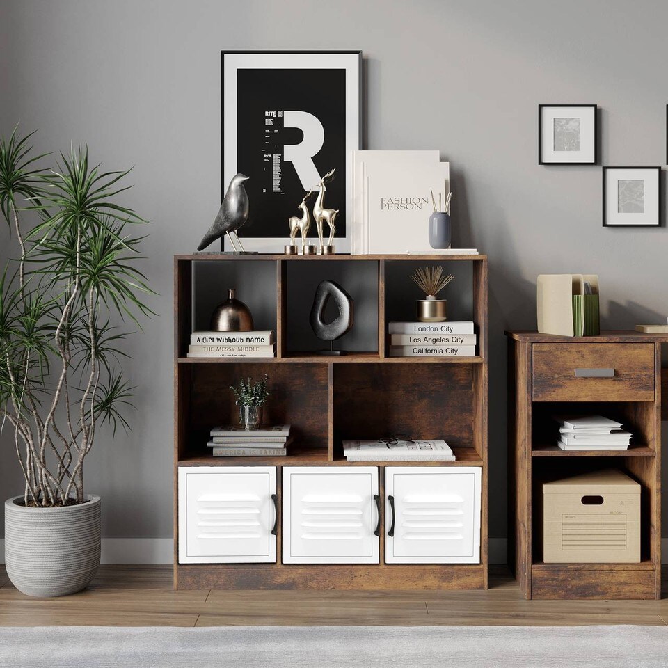 image 1 of Asymmetrical 8 Cube Rustic Brown Freestanding Bookcase Storage Unit with 3 Doors | White | Metal Doors - White | 1