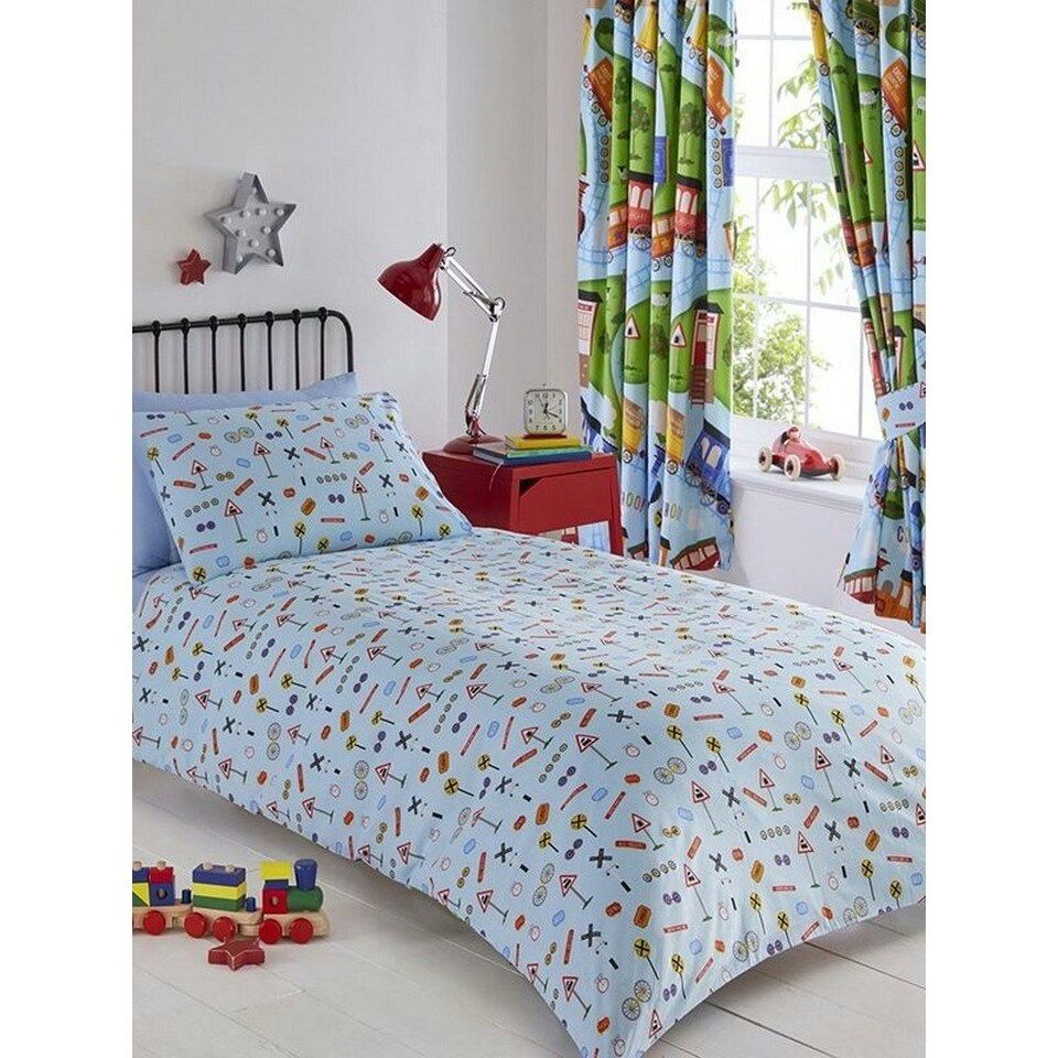 image 1 of Kids Club Train Track Duvet Cover Set - Blue/Green - Single Blue | Single