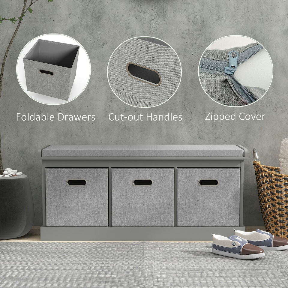 image 1 of HOMCOM Shoe Bench with 3 Fabric Baskets, Shoe Storage Bench with Seat Cushion, Shoe Cabinet for Entryway, Hallway, Living Room, Bedroom Grey