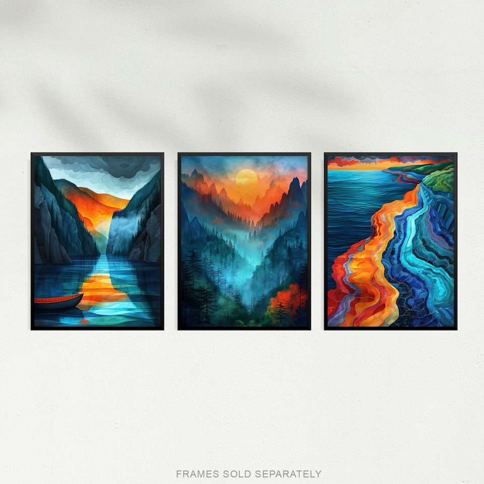image 1 of Set of 3 Vibrant Sunset Mountain Landscapes Living Room A4 Size Wall Art Prints Pack