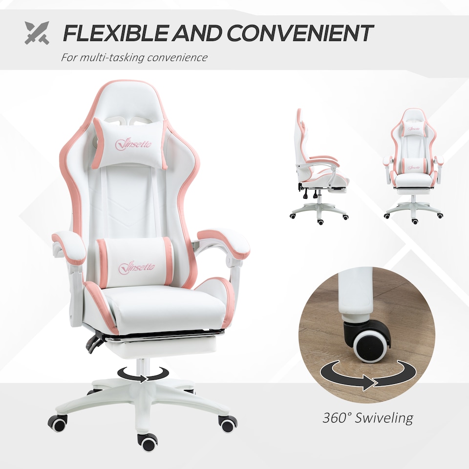image 1 of Vinsetto Computer Gaming Chair, PU Leather Office Desk Chair with Footrest, Swivel Wheels, 135 Reclining Back, Lumbar Support, Headrest for Home, White and Pink