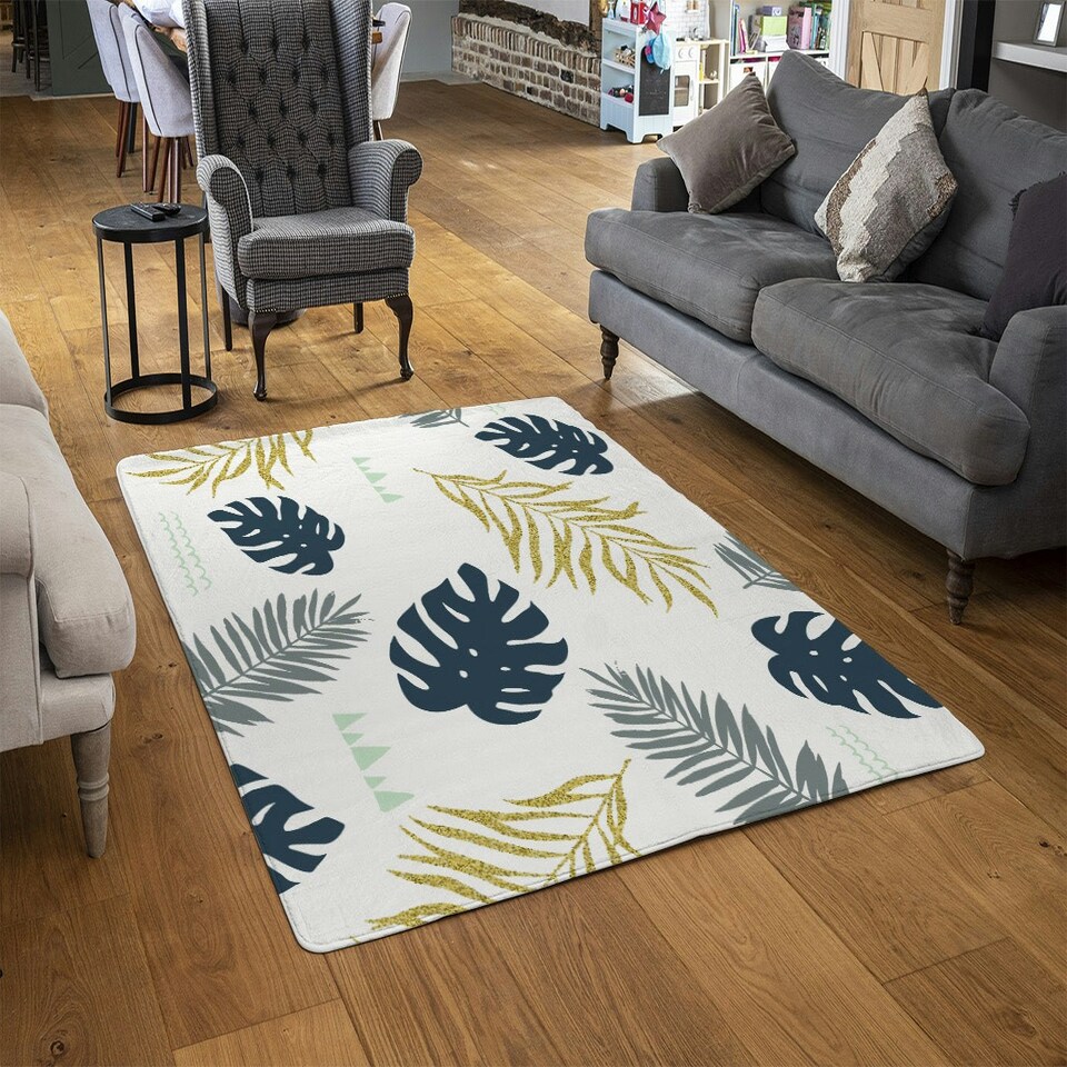 image 1 of Gold Glitter & Navy Leaves (Rug) Gold | Large: 140x200cm