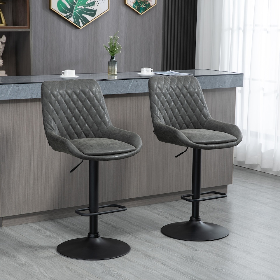 image 1 of HOMCOM Breakfast Bar Stools Set of 2 with 51x40cm Wide Seat, Height Adjustable Kitchen Counter Chairs, Retro Swivel Upholstered Barstools with Back, Footrest and Steel Base, Dark Grey