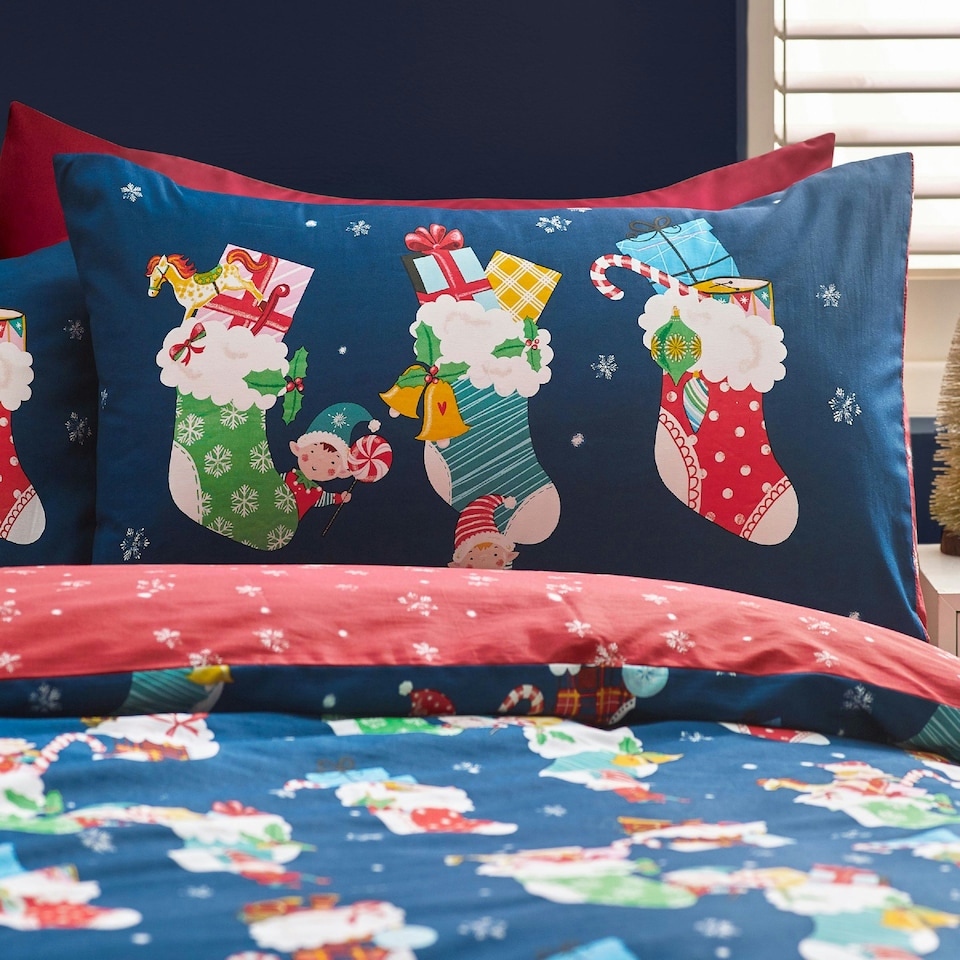 image 1 of Catherine Lansfield Christmas Elves Cotton Rich Duvet Cover Set Navy Blue Blue | Navy Blue | Toddler