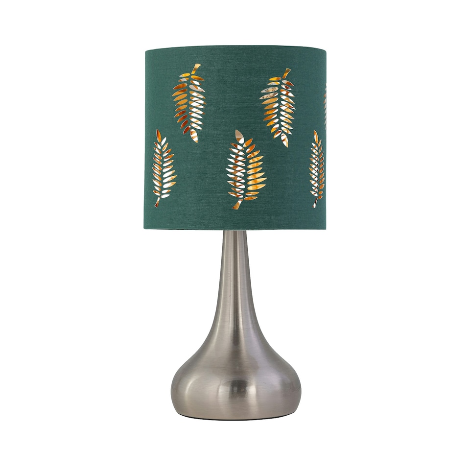 image 1 of Set of 2 Romana - Brushed Chrome Touch Operated Table Lamps Bedside Lights Dark Green Fern Shade Silver | Green