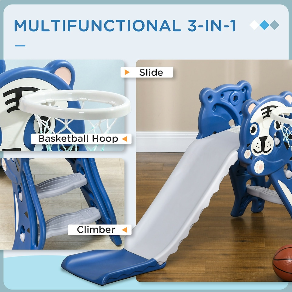 image 1 of AIYAPLAY Kids Slide with Basketball Hoop, Basketball, for 18-36 Months, Blue