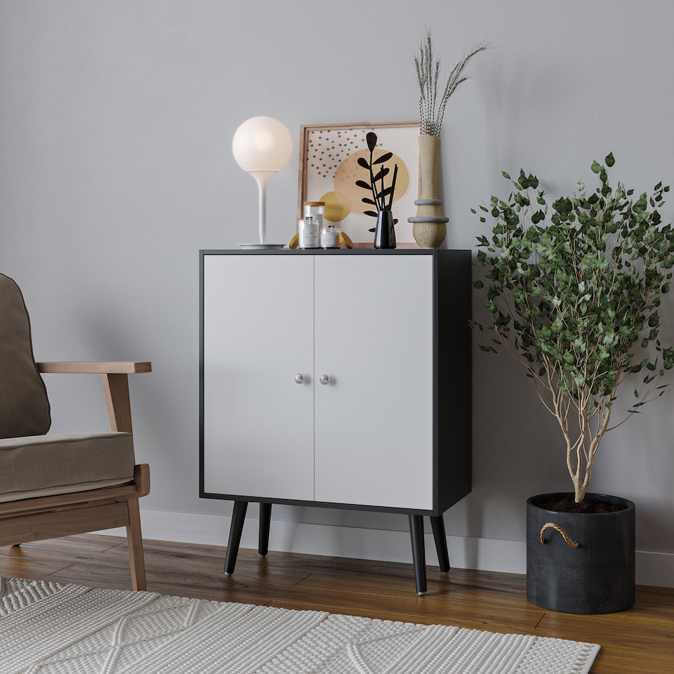 image 1 of Black 2-Tier 2-Door Wooden Cabinet With Legs | White | White & Black | 0 x 0 x 0 | 1