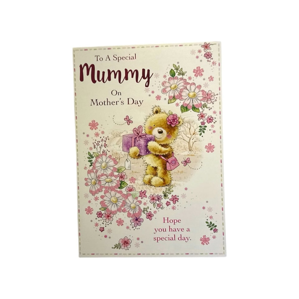 image 1 of To A Special Mummy Teddy Wearing Flower and Holding Gift Design Mother's Day Card