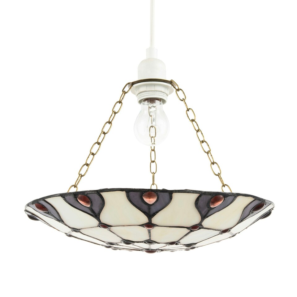 image 1 of Purple and Amber Stained Glass Tiffany Pendant Shade with Red Beads Purple