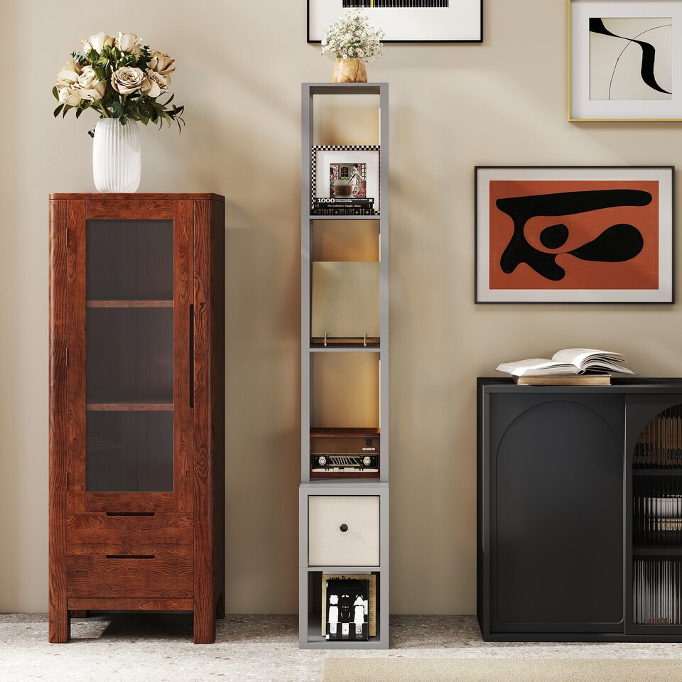 image 1 of HOMCOM Floor Lamp with Shelves, LED Column Modern Standing Lamp with Fabric Drawer, Adjustable Brightness, Foot Switch for Living Room, Bedroom, Office, Grey | Grey