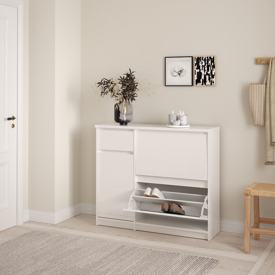 image 1 of Naia Shoe Cabinet with 2 Flip Down Doors 1 Door and 1 Drawer in White High Gloss