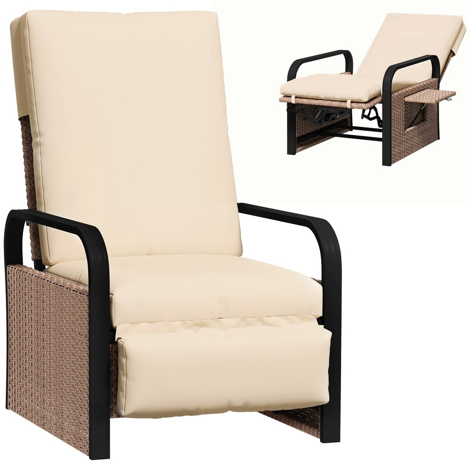 image 1 of Outsunny Rattan Garden Recliner Chair Sun Lounger w/ Side Tray Brown
