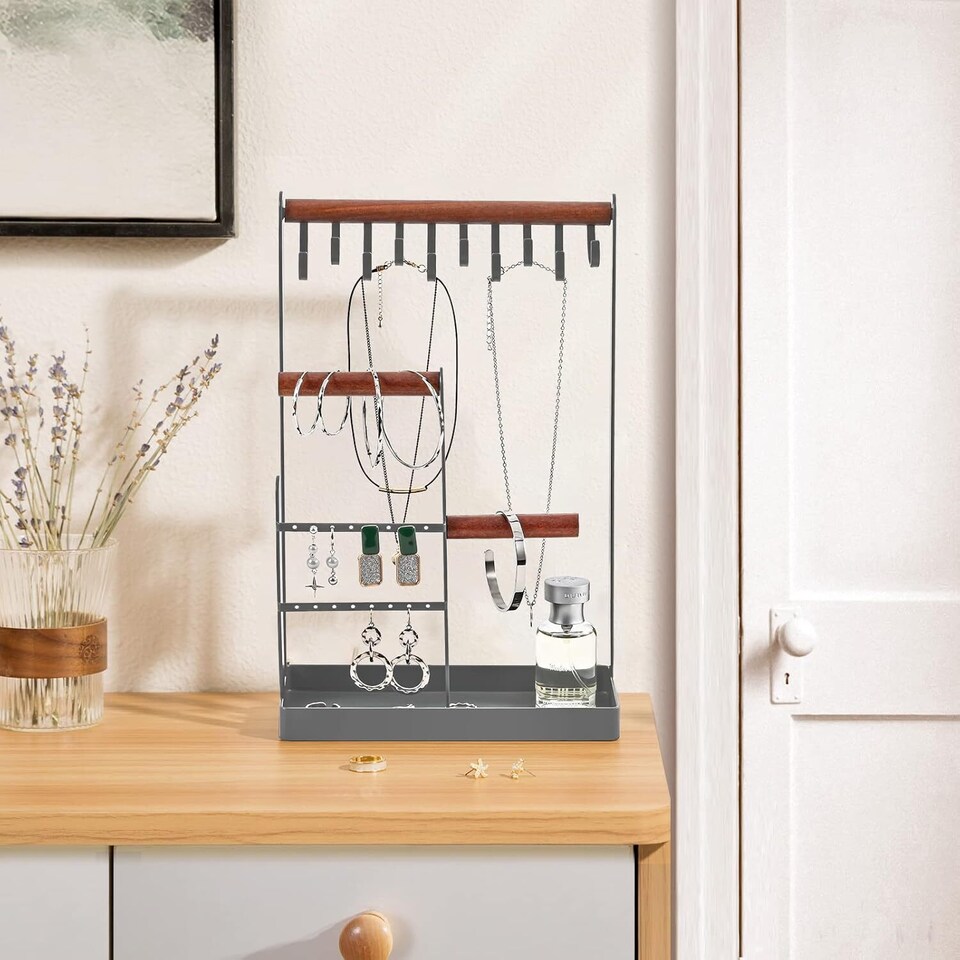 image 1 of Jewellery Stand Holder Wooden Ring Necklace Keys Organizer Tabletop Storage Tray