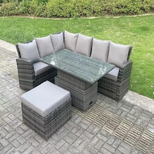 Fimous 7 Seater Outdoor Rattan High Back Adjustable Rising Lifting Dining Table Corner Sofa Set Garden Furniture Dark Grey Mixed Left Hand