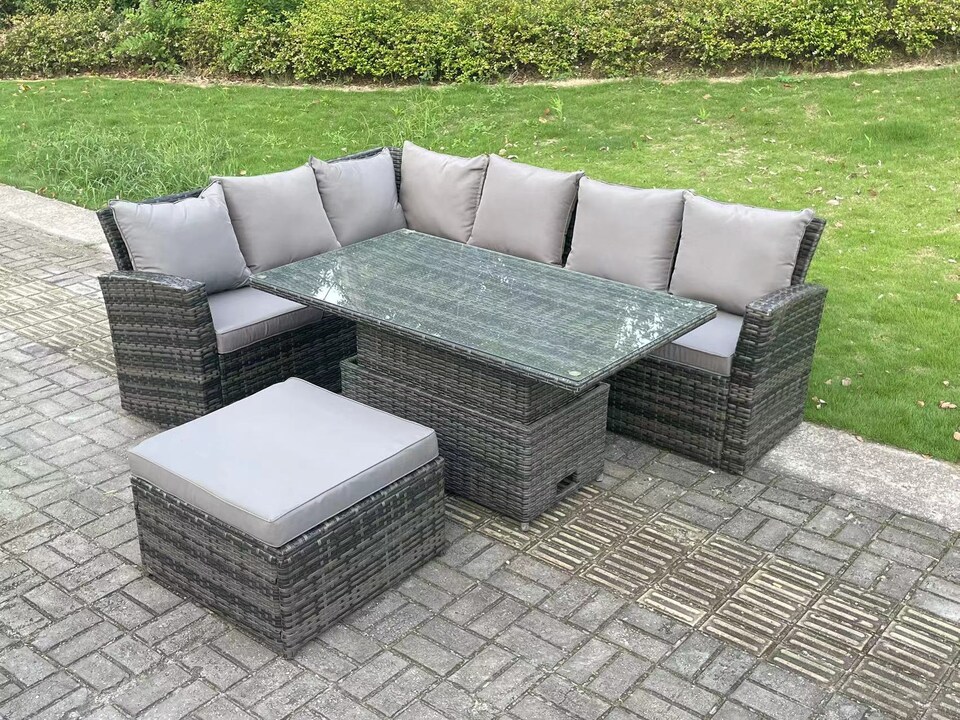 image 1 of Fimous 7 Seater Outdoor Rattan High Back Adjustable Rising Lifting Dining Table Corner Sofa Set Garden Furniture Dark Grey Mixed Left Hand