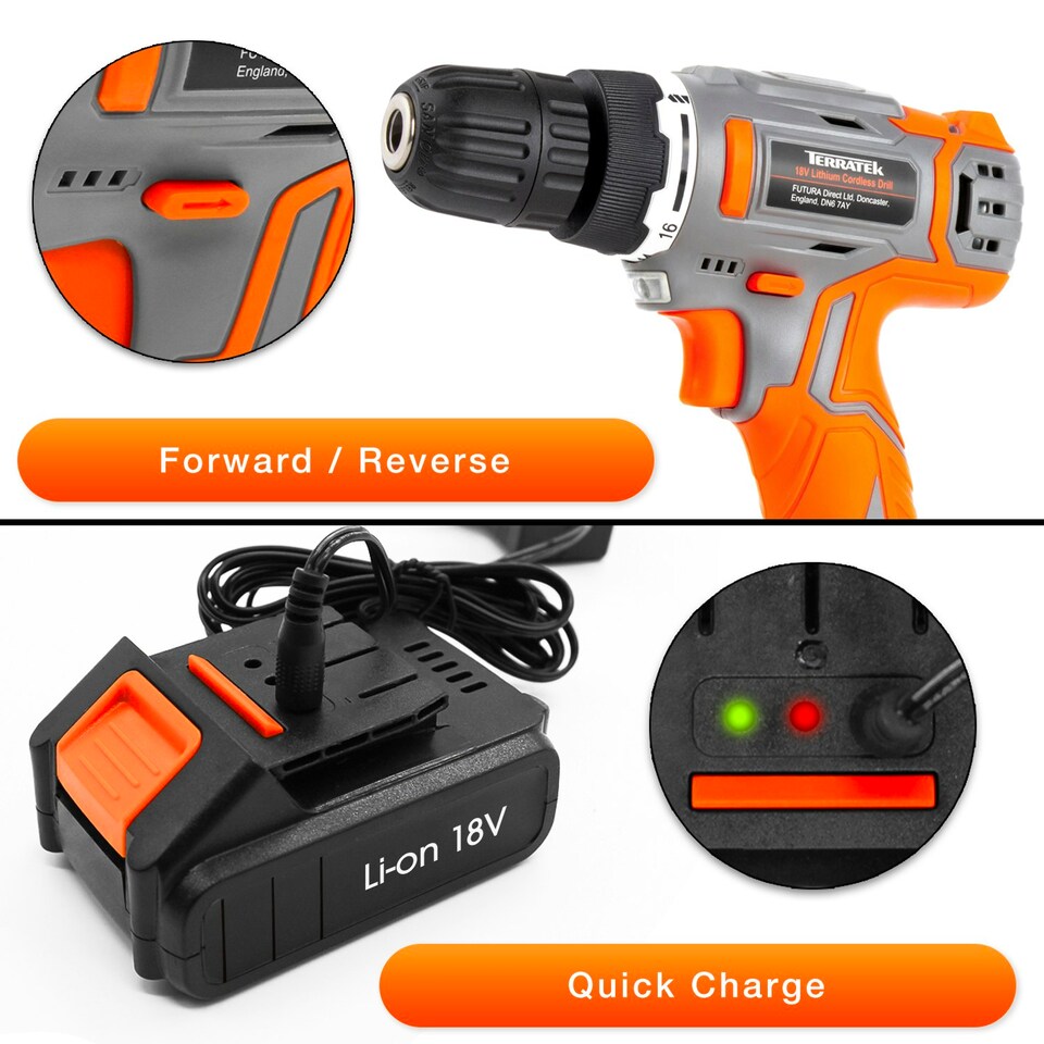 image 1 of Terratek 18V Cordless Drill & 89pc Screwdriver Set (Battery, Charger & Carry Case Included)