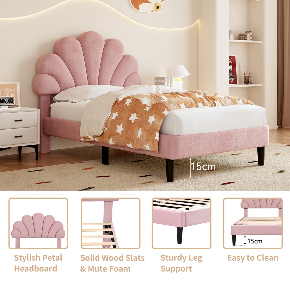 image 1 of Abrihome 3FT Single Upholstered Bed Frame with Adjustable Petal Headboard, Velvet, Solid Wood Slats, Pink, No Box Spring Needed