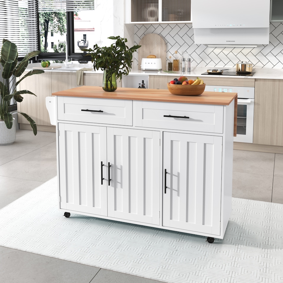 image 1 of VILUXE Mobile Kitchen Island with Foldable Worktop, 2 Drawers, Adjustable Shelves, Towel Rail, Wheels and Solid Wood Feet, White and Natural