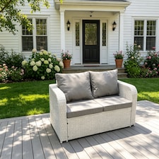 Fimous 2 Seater Sofa Rattan Curved Arm Loveseat Light Grey Mixed Outdoor Garden Furniture with Thick Removable Cushion