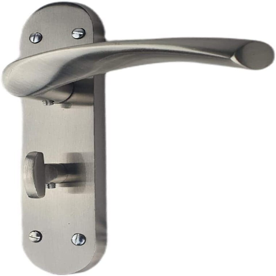 image 1 of Golden Grace Astrid Bathroom Door Handles on Backplate in Satin Stainless Steel Finish with Bathroom Mortise Lock & 1 Pair of 3" Hinges - 182mm x 45mm Grey