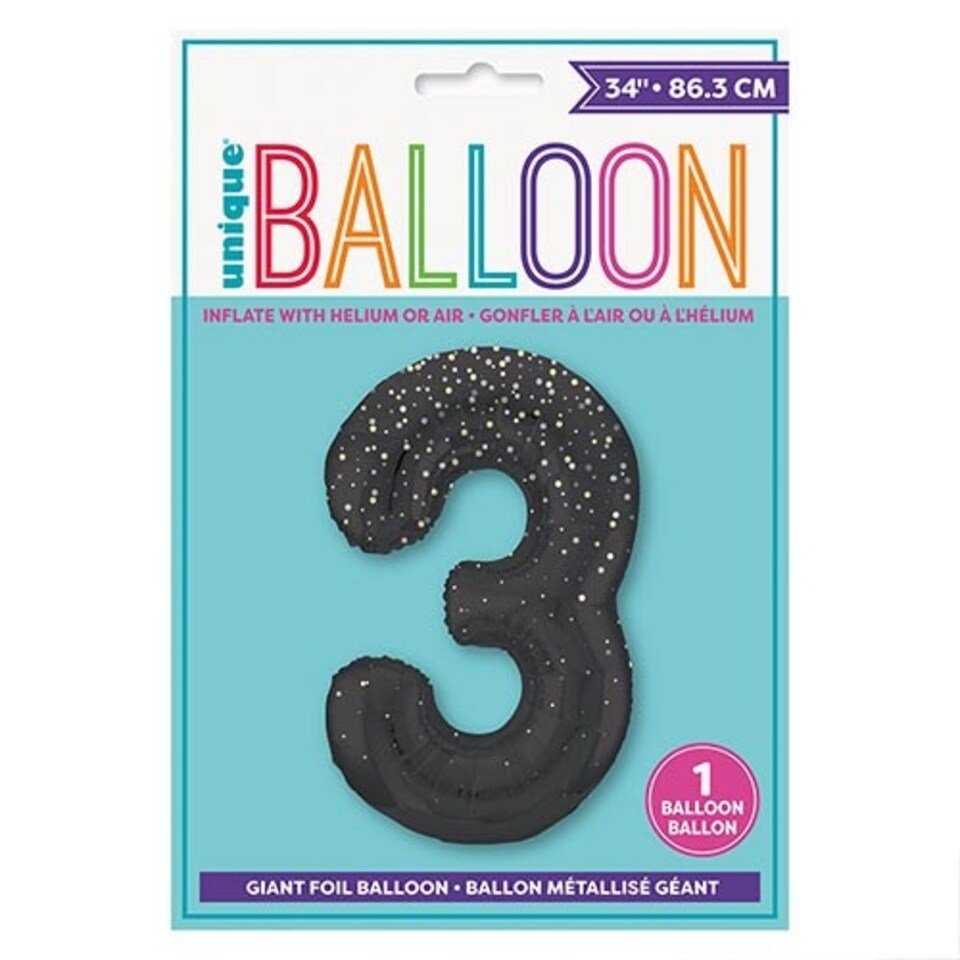 image 1 of Black Glitz Prismatic Number 3 Helium Foil Giant Balloon 86cm / 34 in