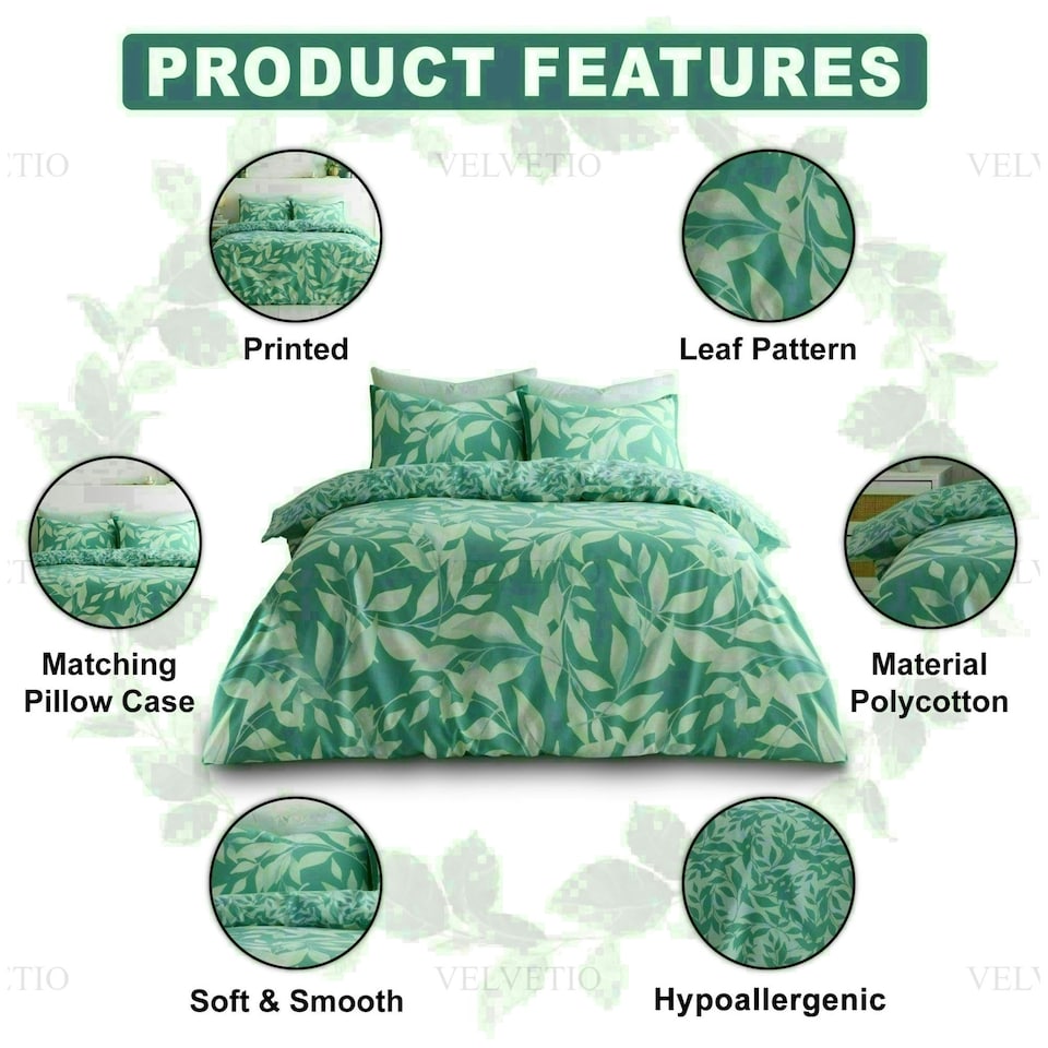 image 1 of Canyon Leaf Printed Duvet Cover Set Reversible Polycotton Beddings Green | King