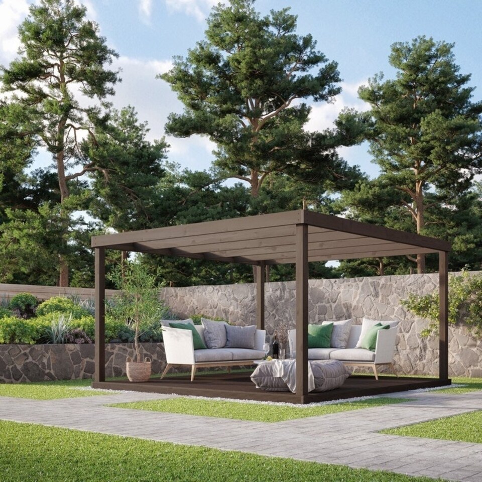 image 1 of Box Pergola and Decking Kit - Wood - L480 x W480 cm - Rustic Brown