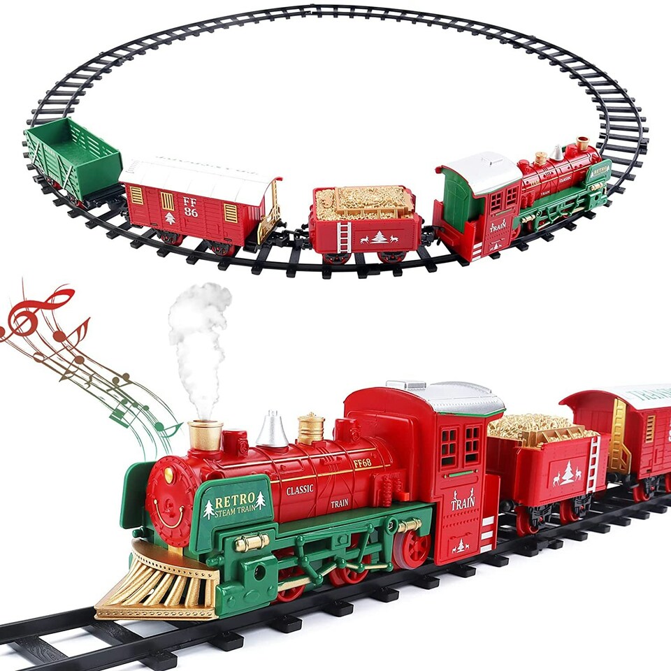 image 1 of Christmas Theme Classic Train Set for Kids with Light Realistic Sounds, Steam Effect, 3 Cars carriage and Tracks For Christmas
