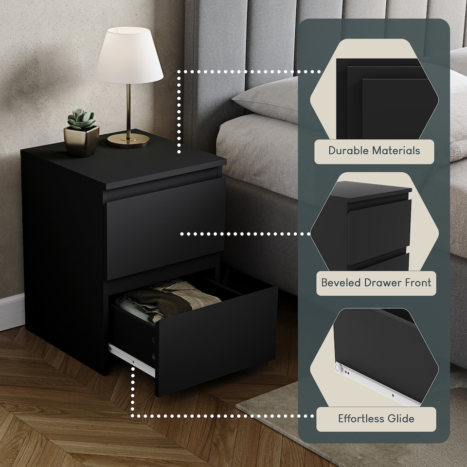 image 1 of Vida Designs Denver Large 2 Drawer Chest of Drawer Bedside Cabinet Nightstand Units Set of 2 - Black