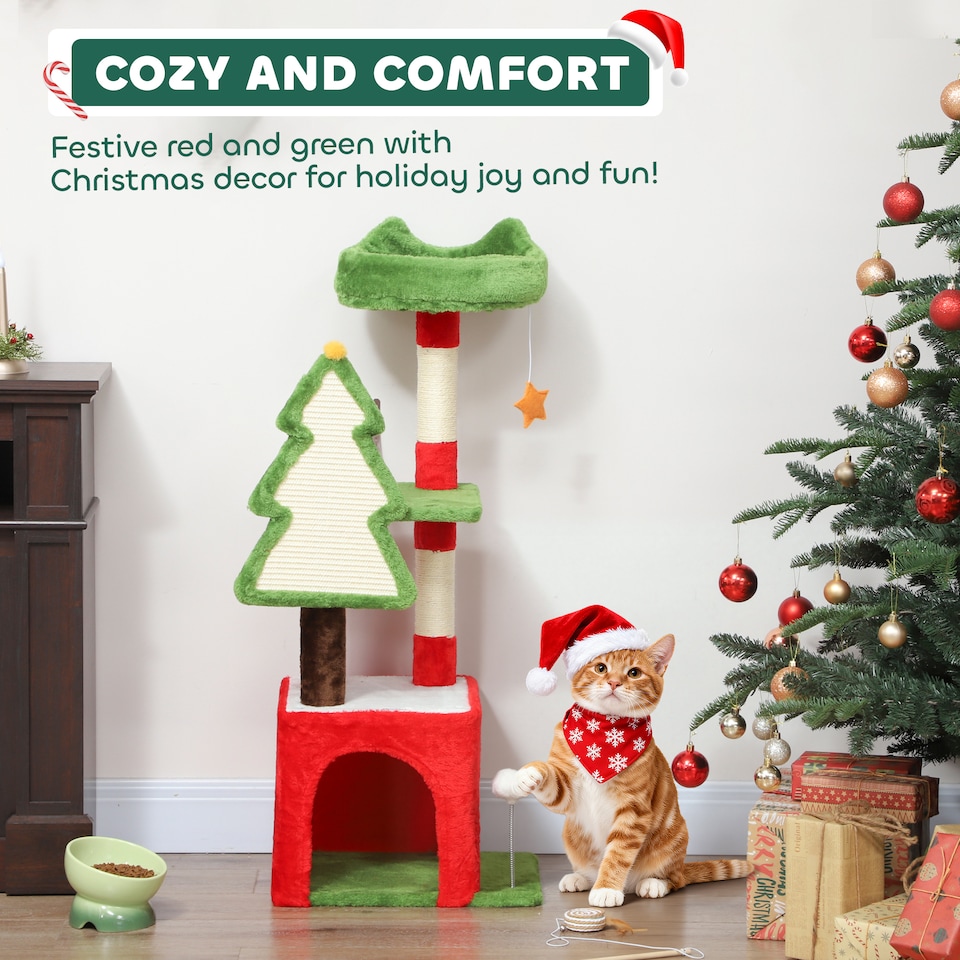 image 1 of PawHut Christmas Cat Tree, 103cm Multilevel Cat Climbing Tower with Scratching Post and Board, Condo, Platform and Toys, Kitty Activity Centre for Indoor Kittens, Green