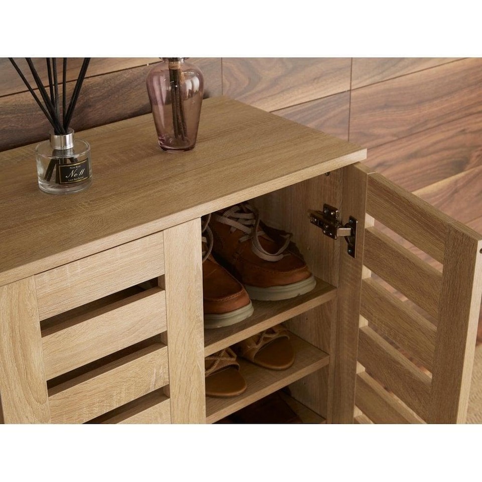 image 1 of Oslo 2 Door Wooden Shoe Storage Cabinet Rack Stand Cupboard Slatted Doors | Brown