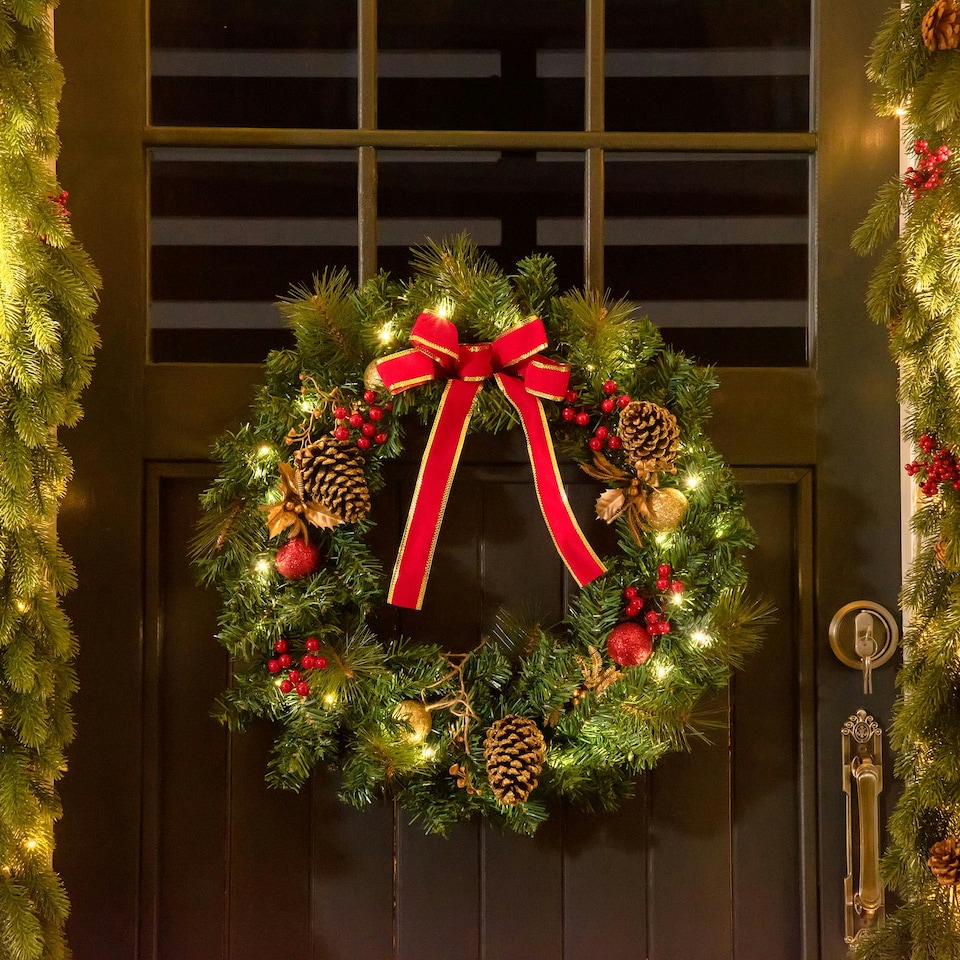 image 1 of HOMCOM Pre-Lit Artificial Christmas Door Wreath Holly Garland Decor 20 LED