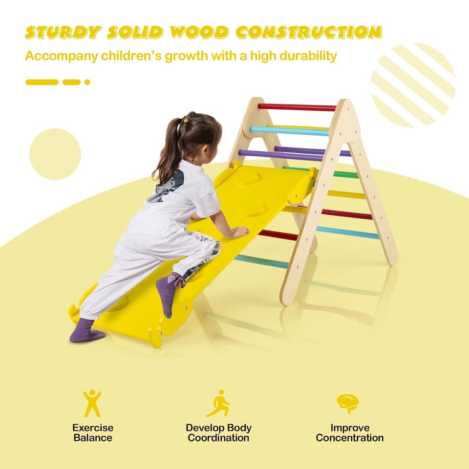 image 1 of COSTWAY 2-in-1 Triangle Climbing Set Wooden Toddler Climbing Triangle Ladder