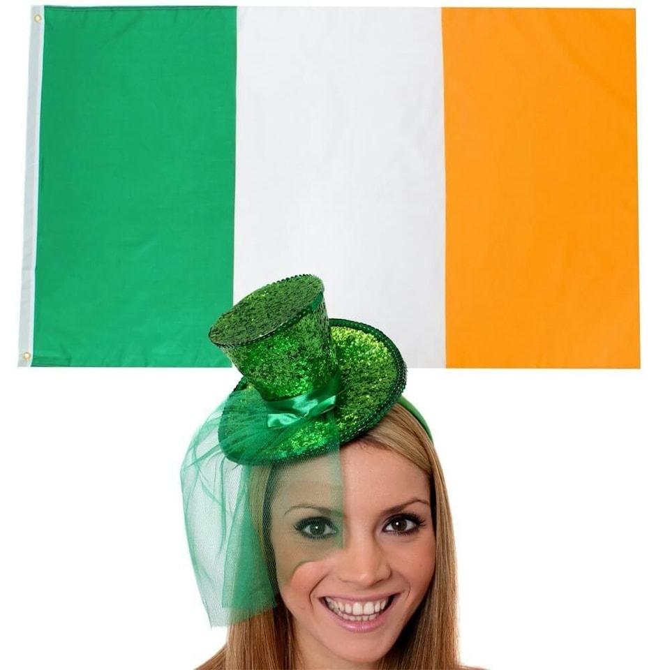 image 1 of Ireland 3x5 ft Flag & Mini Green Glitter Fascinator Top Hat Green | One Size