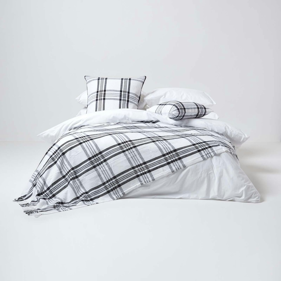 image 1 of Homescapes White & Black Tartan Pattern Cushion Cover - 60 x 60 cm | White | White & Black | 60 x 60 cm