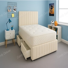Cream Plush 2ft6 Small Single Divan Bed Set Headboard & Footboard - 2 Drawers Right Side Laying in Bed