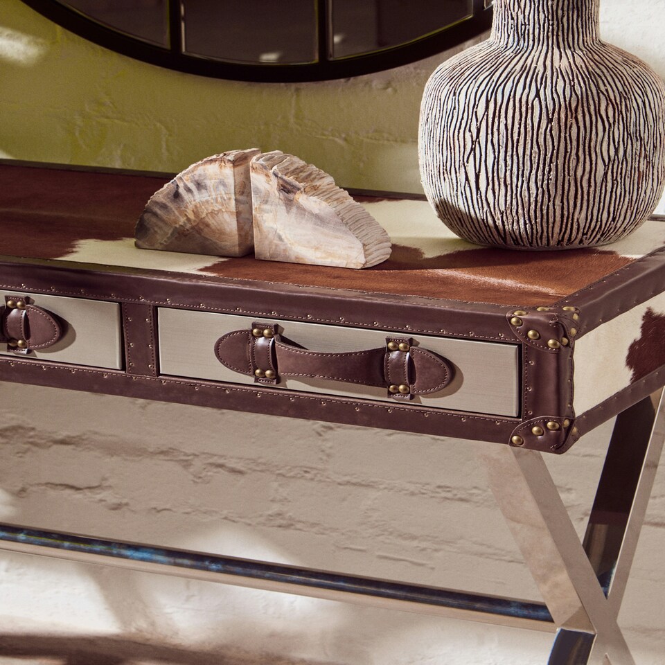 image 1 of Interiors By Premier Brown & White Genuine Cowhide Console Table,Hallway Table With 3 Storage Drawers,Table With Leather Handles Brown