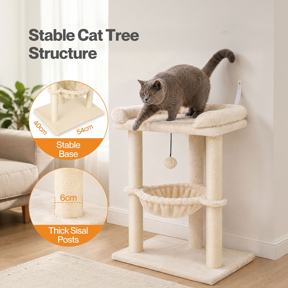 image 1 of Skylos Cat Tree Tower Bed with Hammock Ball Scratching Post Large Perch Beige