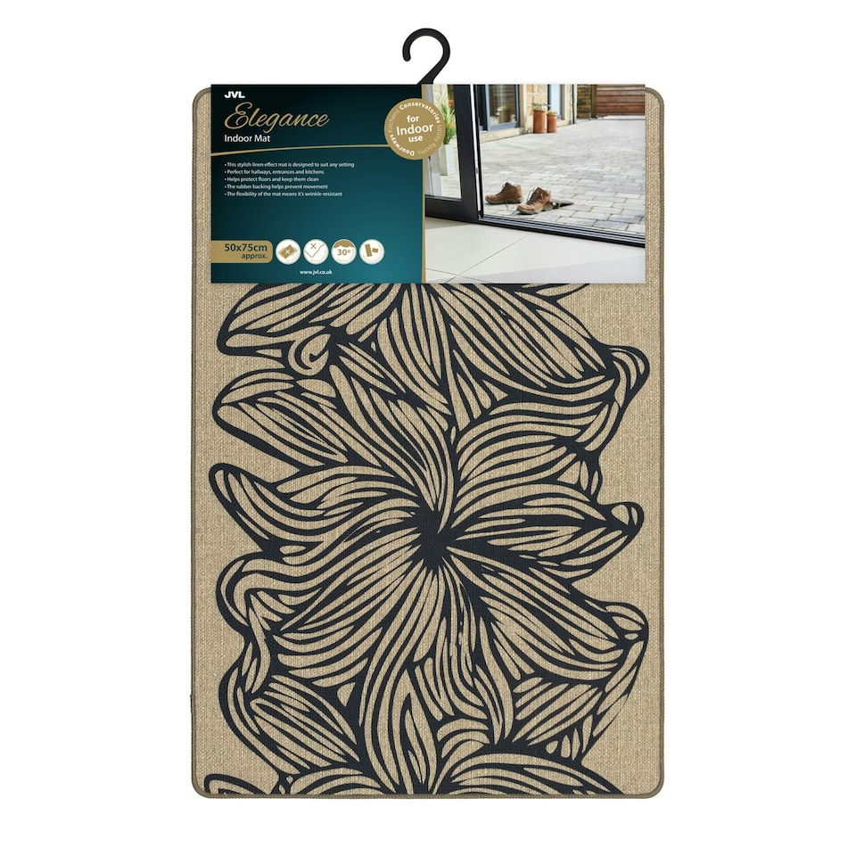image 1 of JVL Elegance Machine Washable Entrance Doormat, 50x75cm - Flowers