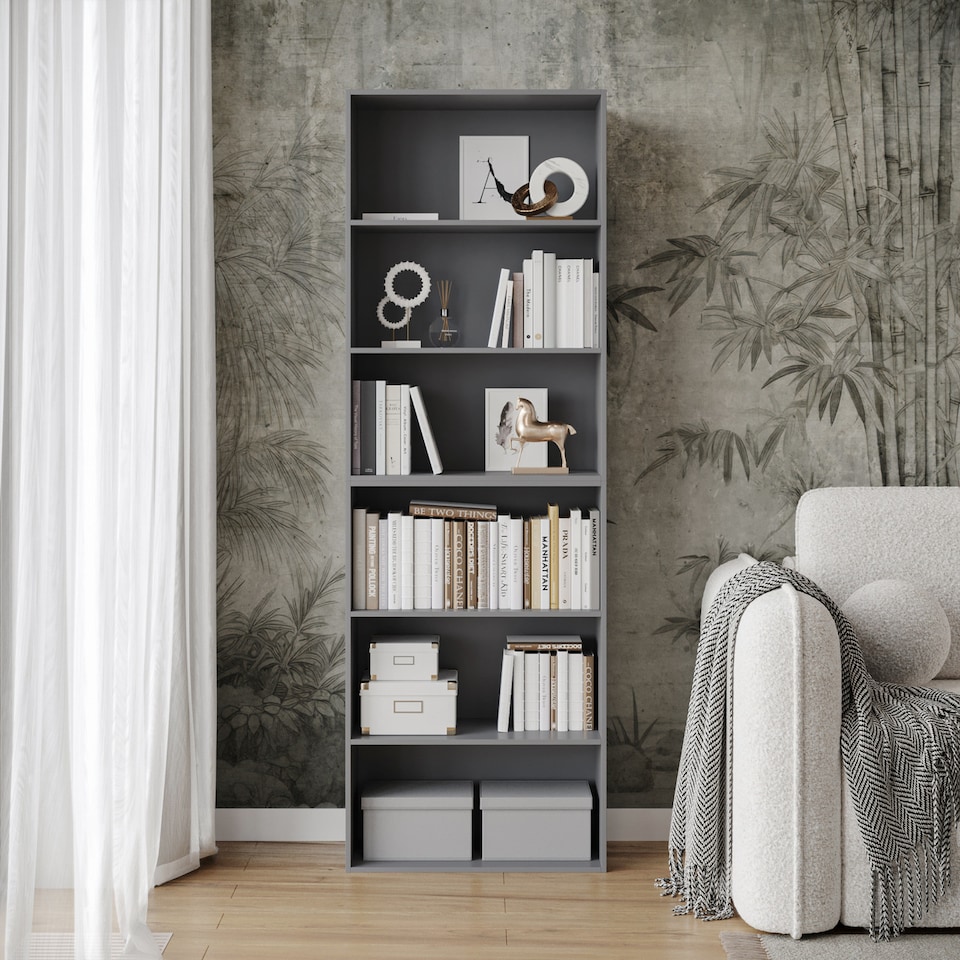 image 1 of Wide 6-Tier Bookcase | Grey | 1