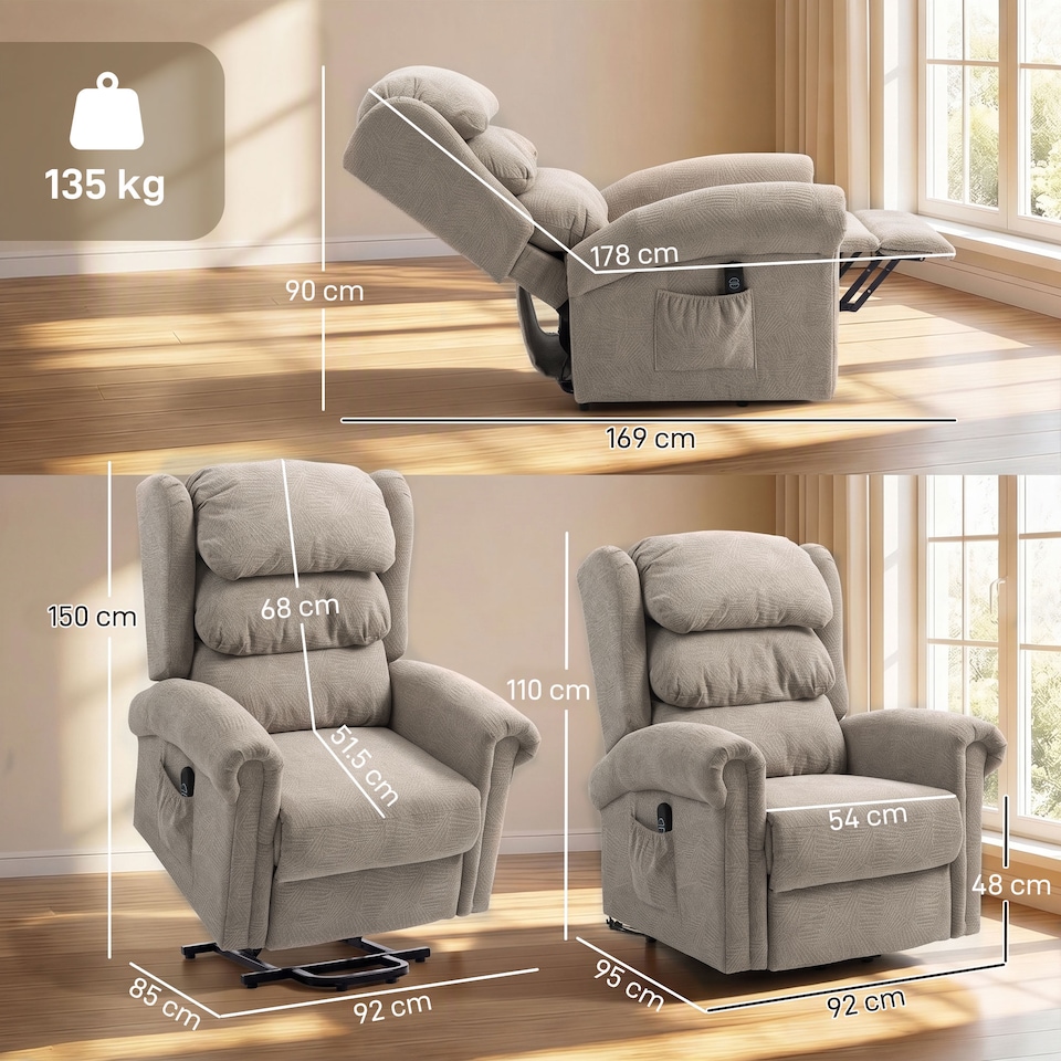 image 1 of HOMCOM Power Lift Recliner Chair for Elderly with Remote Control, Khaki | Brown