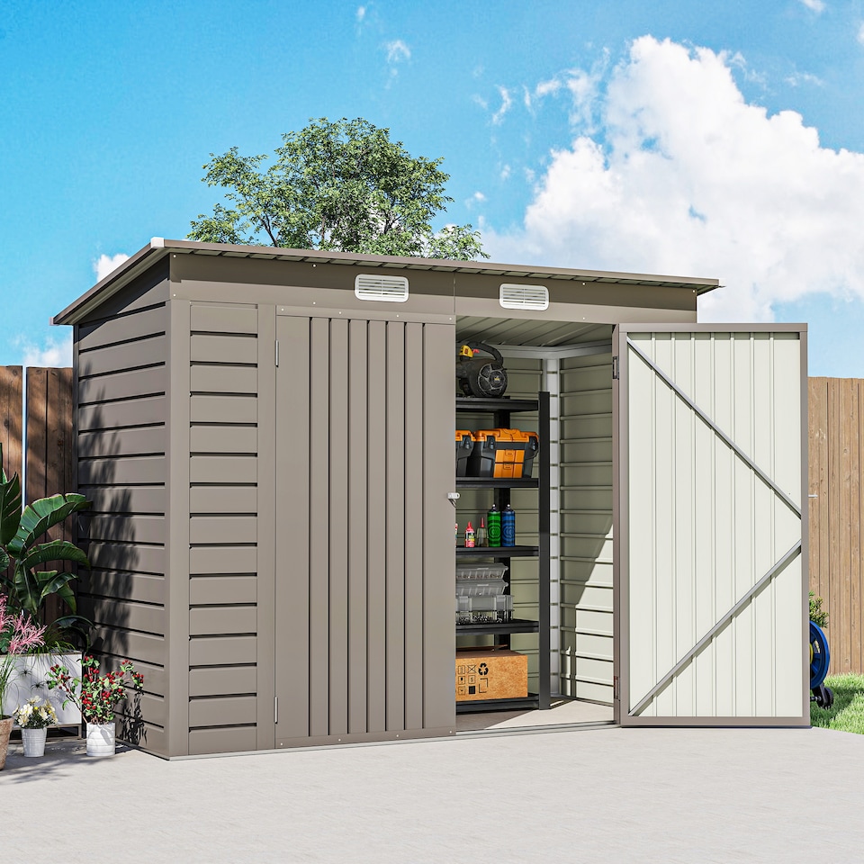 image 1 of Outsunny 8 x 4FT Garden Shed, Galvanised Metal Shed, Easy to Assemble, Outdoor Tool Storage Shed with Pent Roof, Lockable Door and 2 Vents, Light Grey | Grey | 1