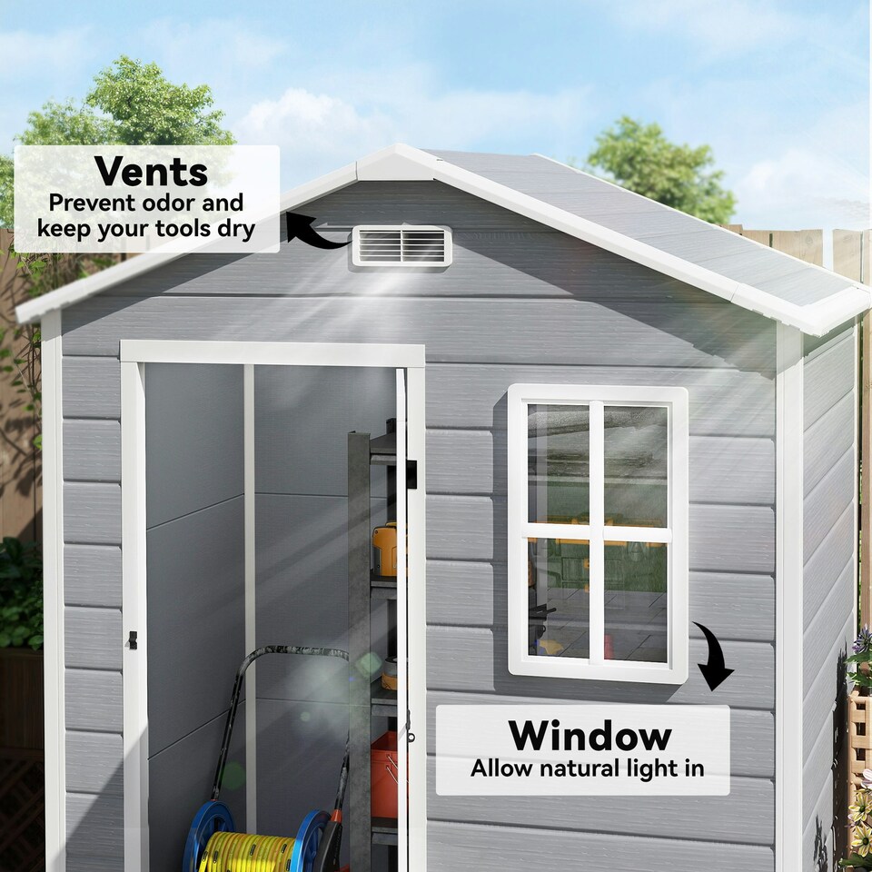 image 1 of Outsunny 6 x 4ft Resin Garden Shed with Floor and Window, Grey