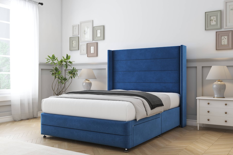 image 1 of Sloomy Sterling Navy Plush Divan Bed Base 2 Drawers Foot-End With 54 Inch Wingback Headboard & 12 Inch Matching Footboard | Blue | Navy | Double | 1