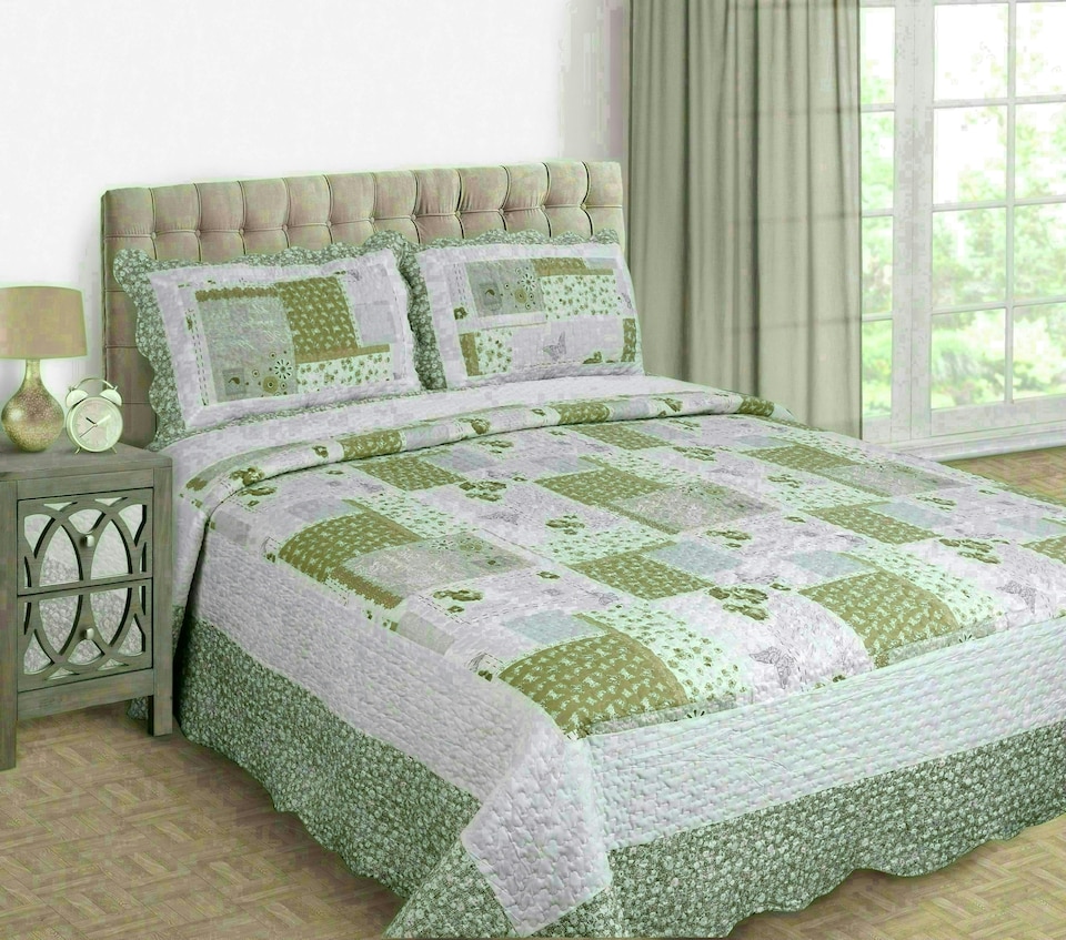 image 1 of Velosso Maya Cotton Blend Quilted Bedspread Set | Cream | Natural | Single