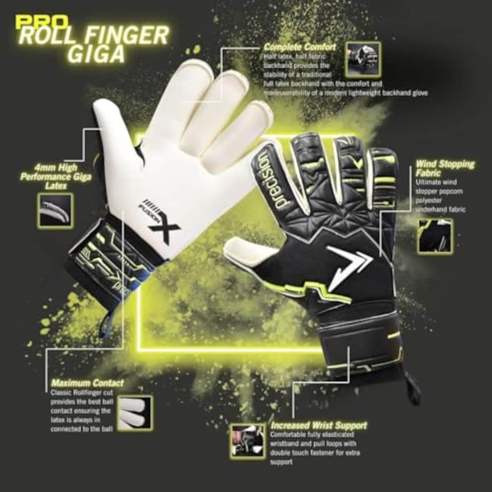 image 1 of ​​Precision Fusion X Pro Roll Finger Giga Professional Football Junior Goalkeeper Gloves, Black, 6