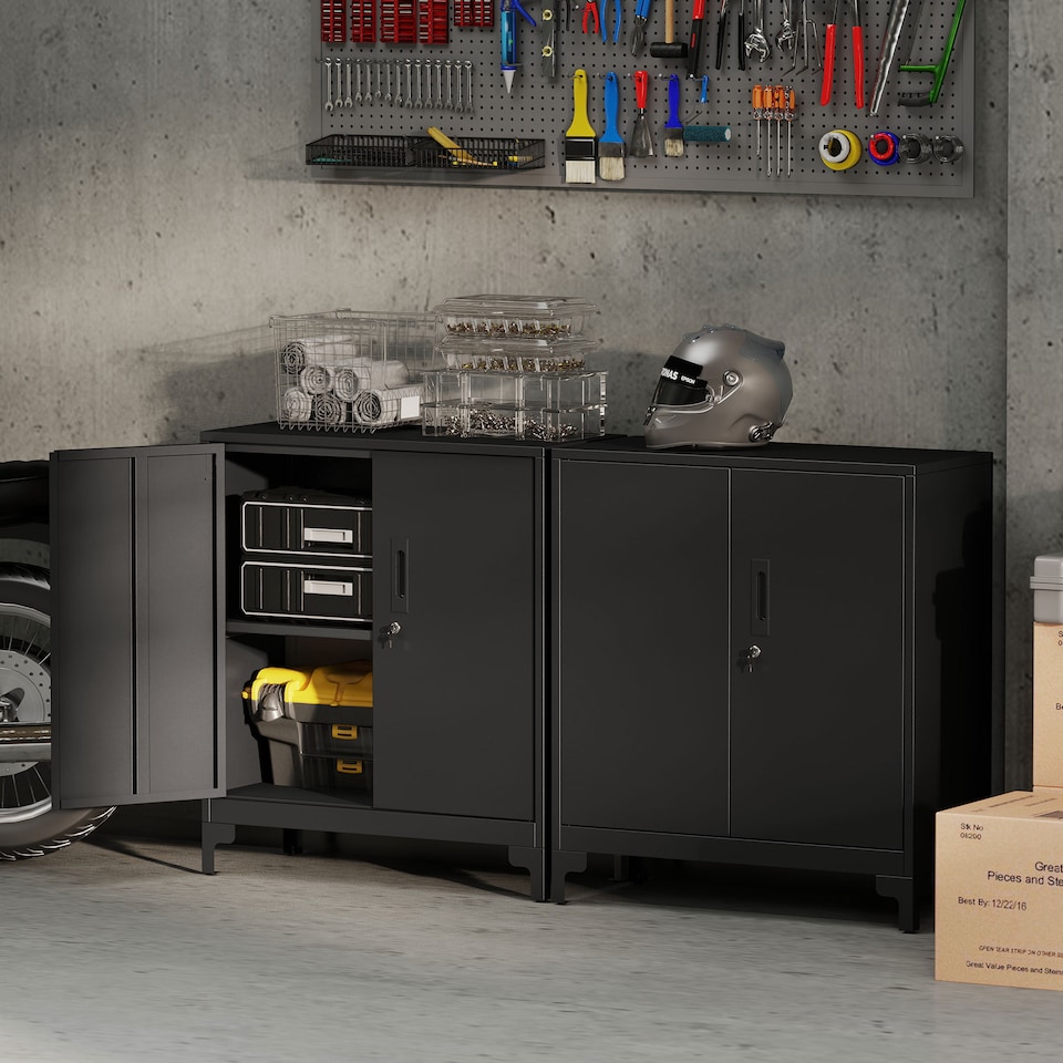 image 1 of HOMCOM Lockable Metal Filing Cabinet, 2-Tier Storage Cupboard | Black | Black | 80 x 35 x 91 cm