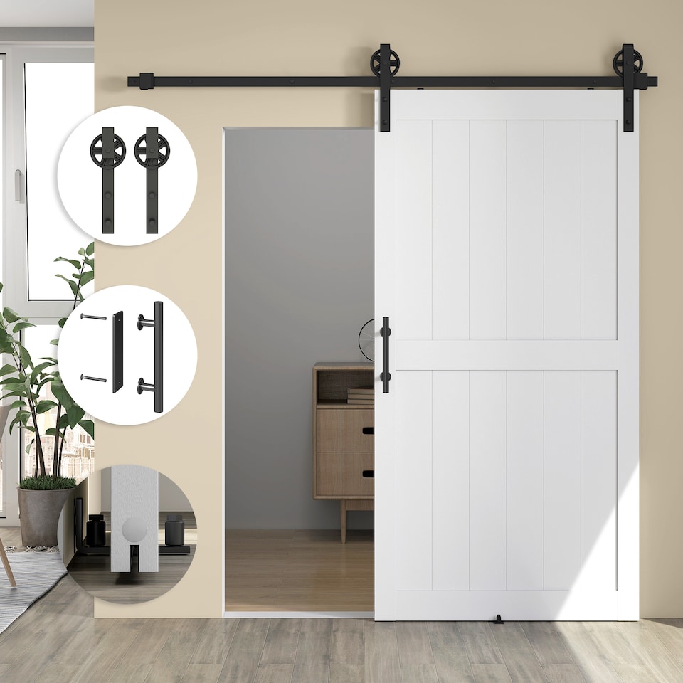 image 1 of HOMCOM 213.4cm Sliding Barn Door Kit, Sliding Door with Track, White