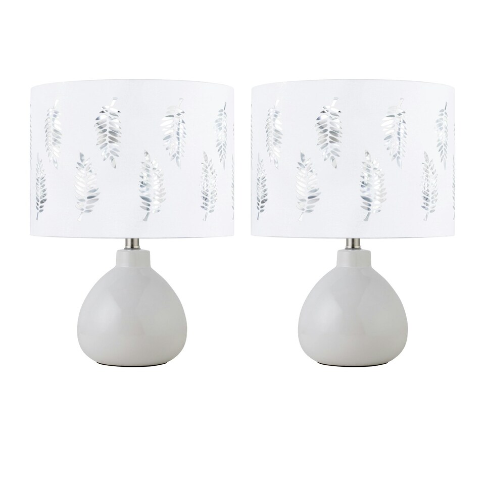 image 1 of Set of 2 Tuscan - White Ceramic Lamps with White Fern Shade White | White