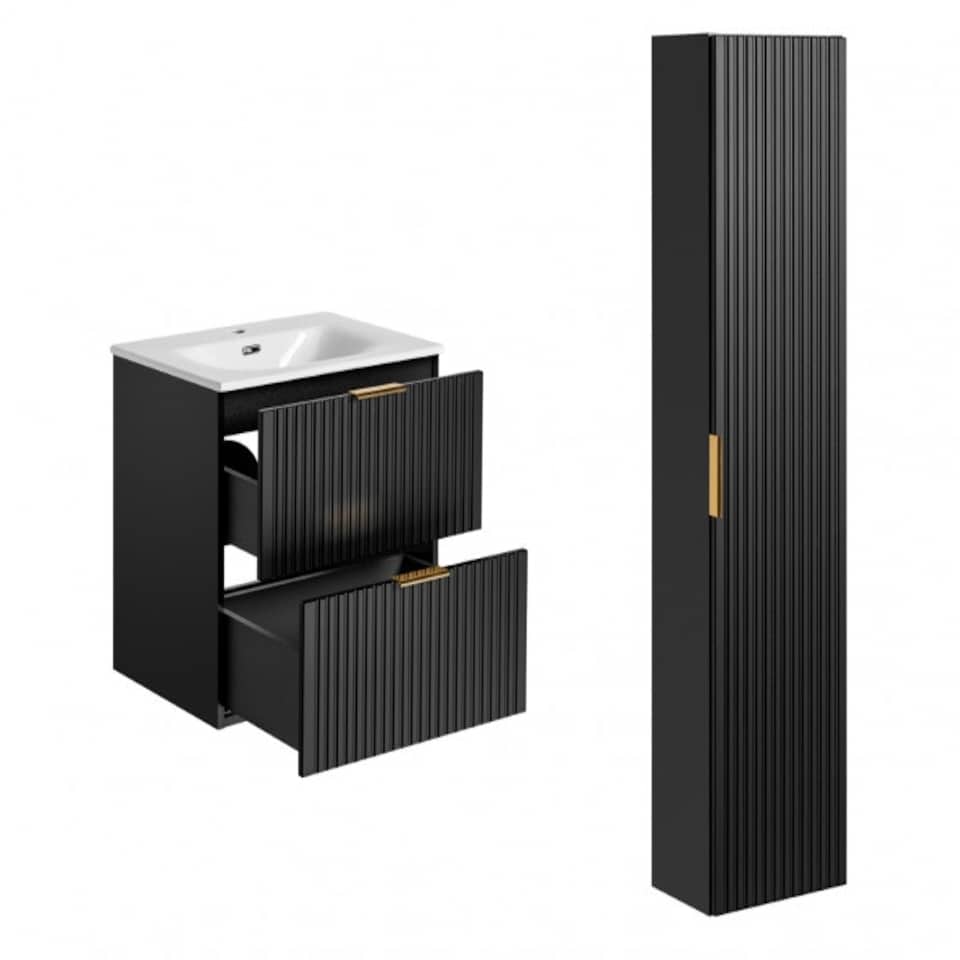 image 1 of Bathroom 800mm Vanity Set Ribbed Textured Black Modern Wall Hung Floating Cabinets Sink - Adel